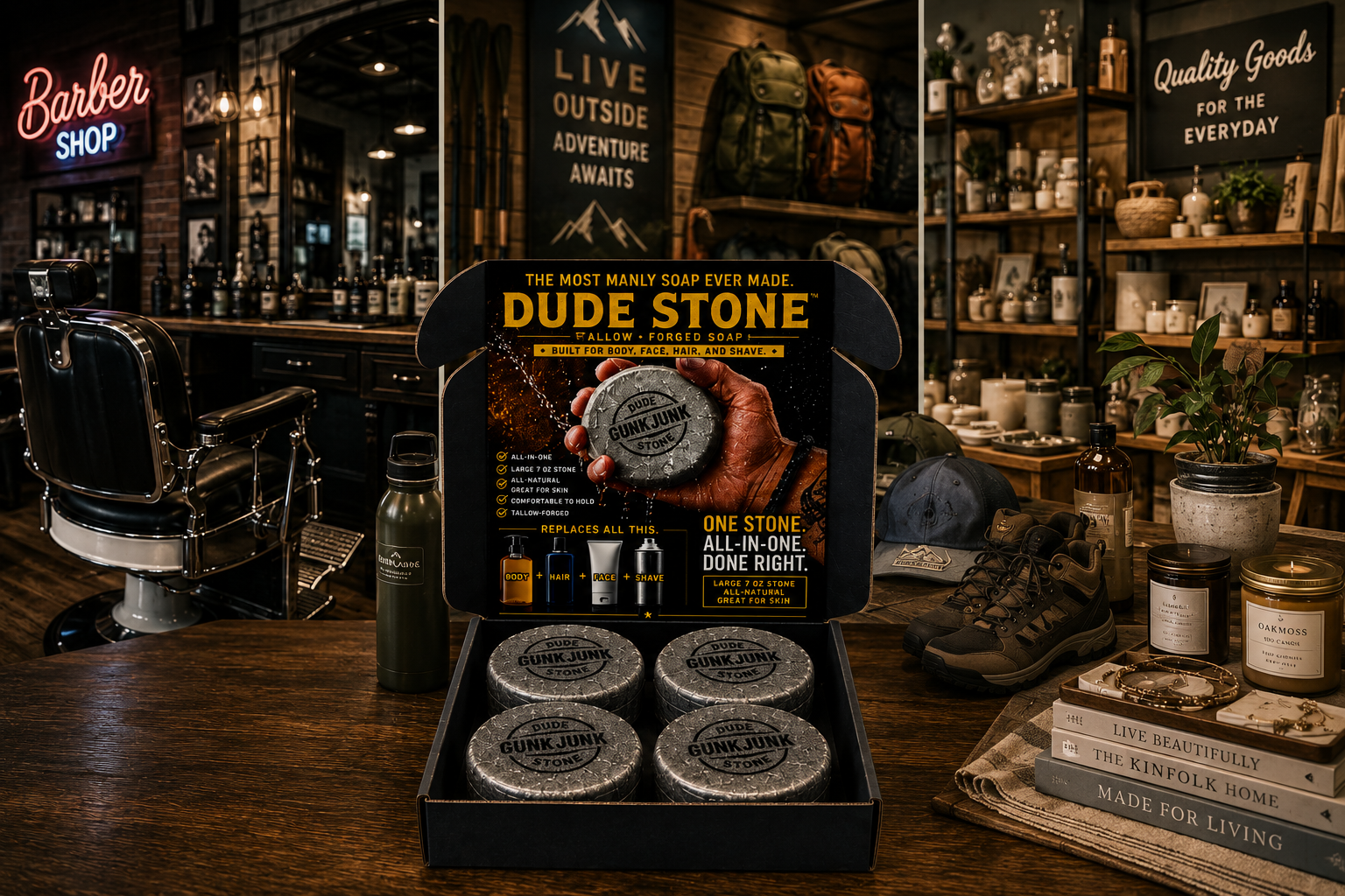 DUDE STONE retail display shown in barber, outdoor and boutique retail settings